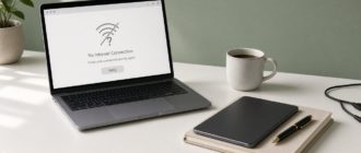 Ноутбук с ошибкой соединения и блокнот для продолжения работы