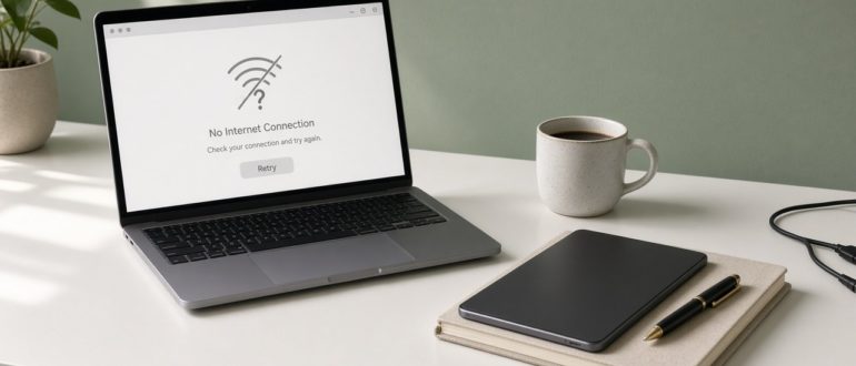 Ноутбук с ошибкой соединения и блокнот для продолжения работы